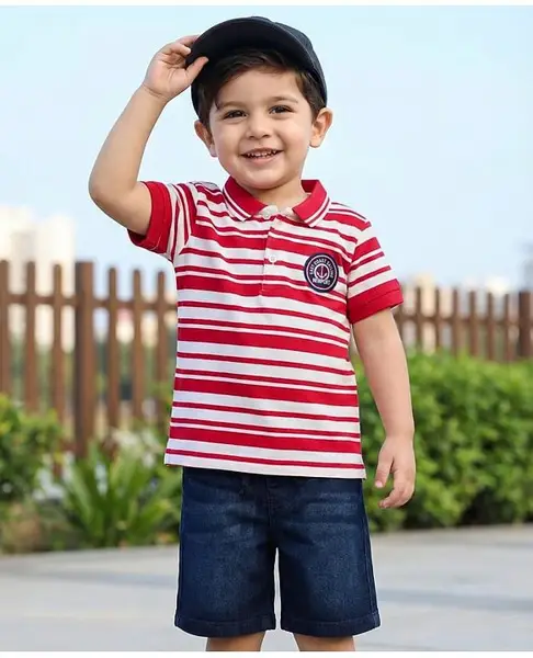 Babyhug Cotton Knit Half Sleeves Striped Polo T-Shirt & Shorts Set With Anchor Patch - Multicolor & Blue