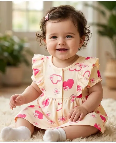 Babyoye Cotton Knit Half Sleeves Frock With Heart Print & Bloomer - Yellow