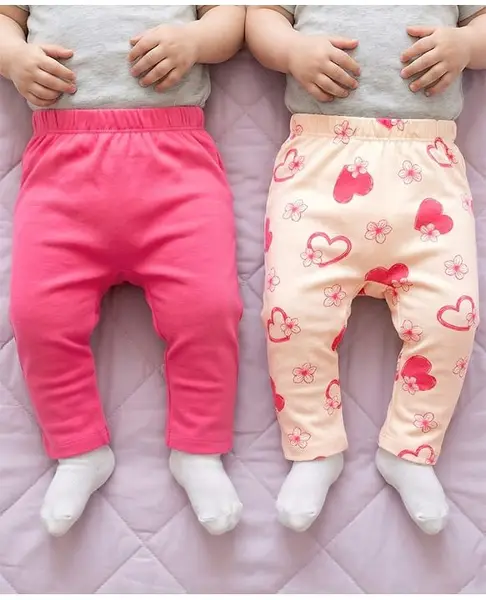 Babyoye 100% Cotton Interlock Knit Eco Conscious Full Length Diaper Leggings With Eco Jiva Finish & Heart Print Pack of 2 - Multicolor