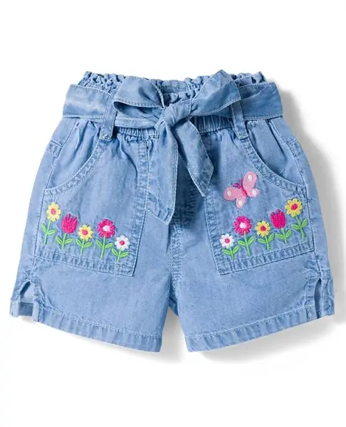Babyhug Cotton Mid Thigh Length Washed Denim Shorts with Belt &  Floral Embroidery - Blue