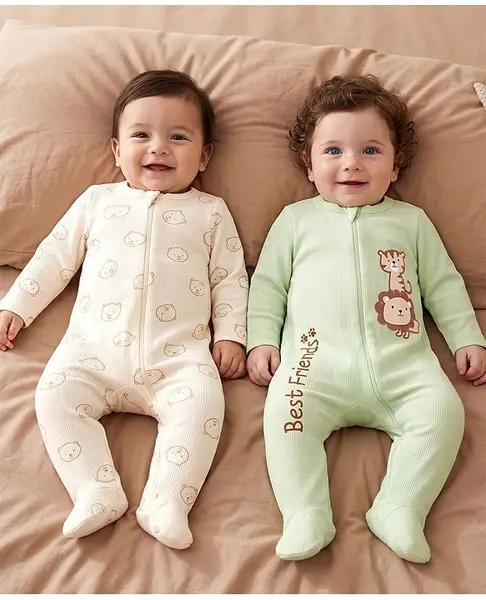 Babyoye 100% Cotton Knit Full Sleeves Animal Printed & Embroidered Footed Sleepsuits Pack Of 2 - Light Green & Cream