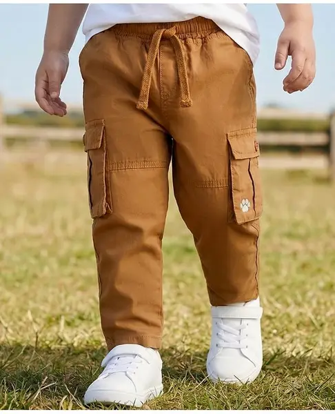 Babyhug 100% Cotton Woven Full Length Solid Trouser With Cargo Pockets - Brown