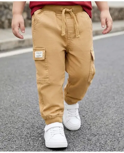 Babyhug Twill Lycra Woven Full Length Trousers With Stretch & Cargo Pockets - Khaki