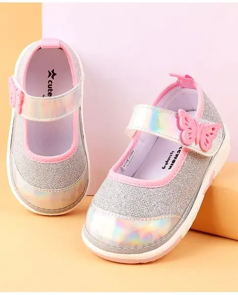 Cute Walk by Babyhug Velcro Closure Casual Shoes With Butterfly Applique - Silver