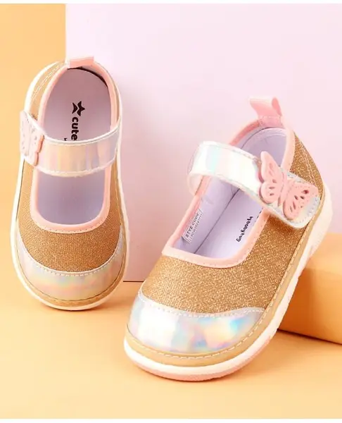 Cute Walk by Babyhug Velcro Closure Casual Shoes With Butterfly Applique - Golden
