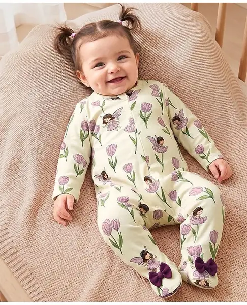 Babyoye 100% Cotton Knit Eco Conscious Full Sleeves Footed Sleepsuit With Eco Jiva Finish Fairy & Floral Print - Yellow