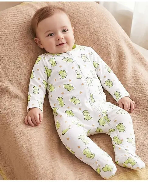 Babyoye Interlock Knit Full Sleeves Sleep Suit With Animal Print- Light Green