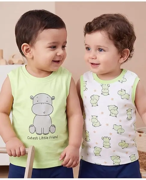 Babyoye Interlock Knit Sleeveless Tank T-Shirts With Hippopotamus Print Pack of 2 - Light Green