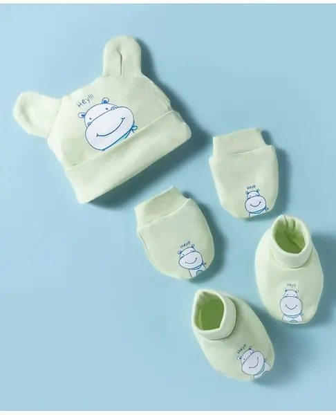Babyoye 100% Cotton Interlock Knit Cap Mittens & Booties With Cow Print & Applique Green - Diameter 9 cm