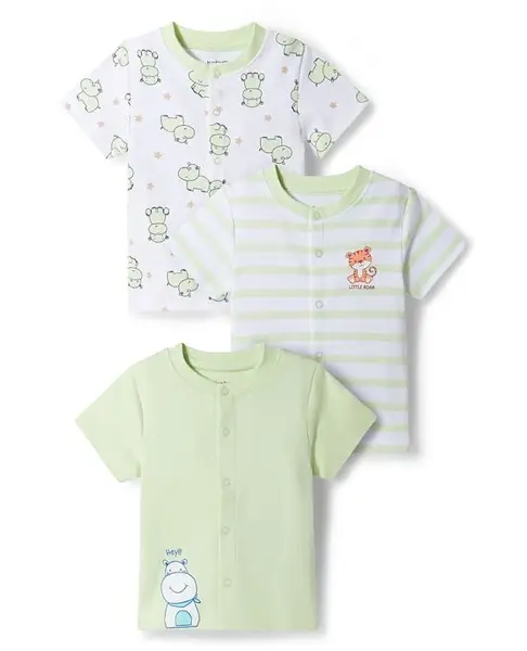Babyoye 100% Cotton Interlock Knit Half Sleeves Jhablas With Hippo & Tiger Print Pack of 3 - Multicolor
