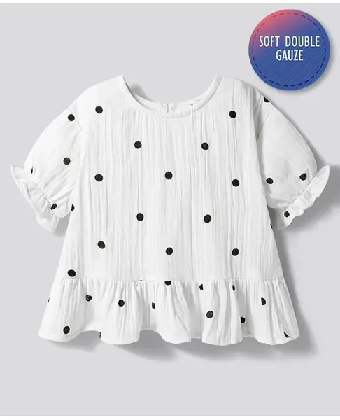 Bonfino 100% Cotton Woven Double Cloth Half Sleeves Top with Polka Dot Print & Ruffles Panel - White