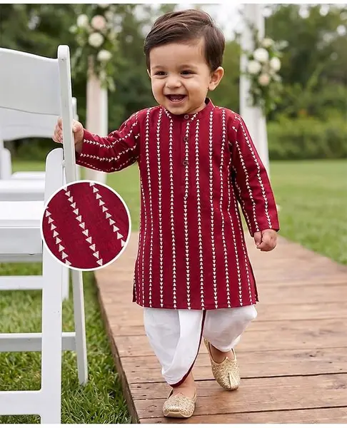 Babyhug 100% Cotton Woven Full Sleeves Printed Kurta & Dhoti Set - Maroon