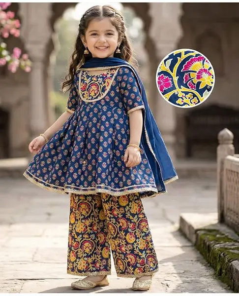Babyhug Cotton Woven Three Fourth Sleeves Kurta & Palazo Set With Dupatta - Navy Blue