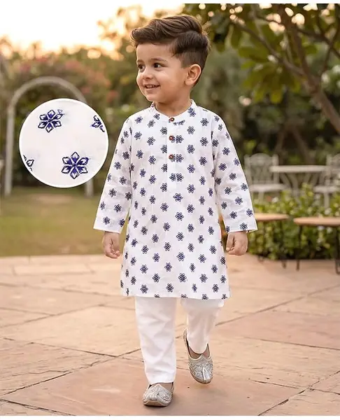 Babyhug Cambric Woven Full Sleeves Floral Printed Kurta Pyjama Set - White