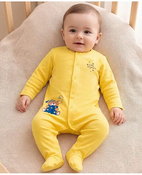 Babyoye 100% Cotton Knit Full Sleeves Footed Sleepsuit With Teddy Bear Print - Lemon Yellow