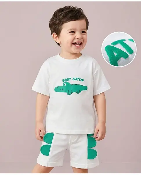 Mark & Mia Cotton Knit Half Sleeves Oversized T-Shirt & Shorts Set With Gator Puff Print & Applique - White