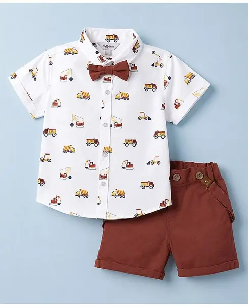 ToffyHouse Poplin Woven Half Sleeves Vehicle Printed Shirt & Shorts With Bow & Suspender - Brown