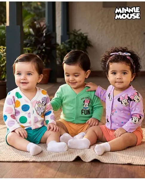 Babyhug Disney 100% Cotton Knit Full Sleeves Jhablas With Minnie & Friends Graphics Pack Of 3 - Multicolour