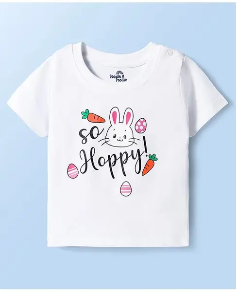 Doodle Poodle 100% Cotton Knit Half Sleeves T-Shirt With Bunny Print - White