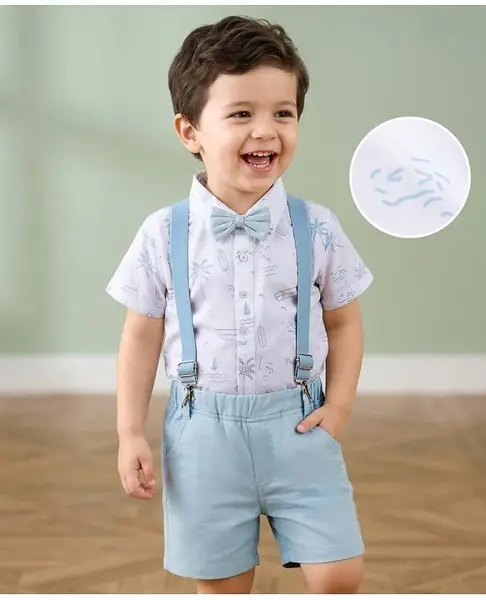 Mark & Mia Cotton Woven Half Sleeves Tree Printed Party Shirt & Shorts Set With Bow & Suspender - Multicolor