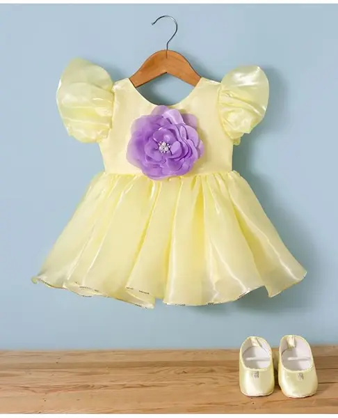 Bluebell Tissue Woven Frill Sleeves Party Frock With Floral Applique & Booties - Lemon Yellow