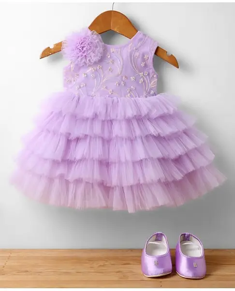 Bluebell Net Woven Flared Sleeveless Party Dress & Booties With Sequin Detailing & Floral Applique - Mauve