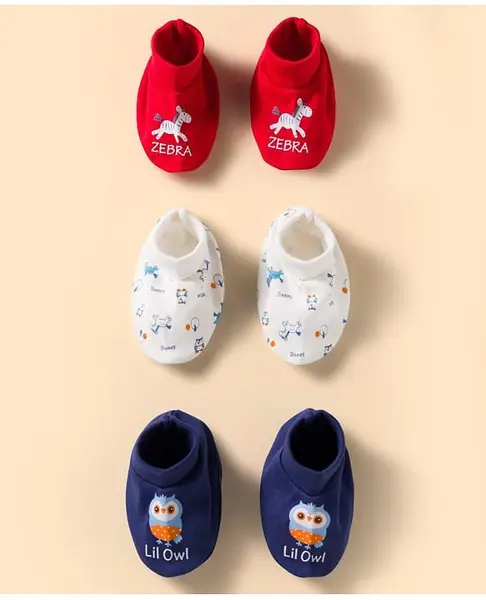 Doodle Poodle 100% Cotton Interlock Knit Owl & Zebra Printed Booties Pack of 3 - Dark Red White & Navy Blue