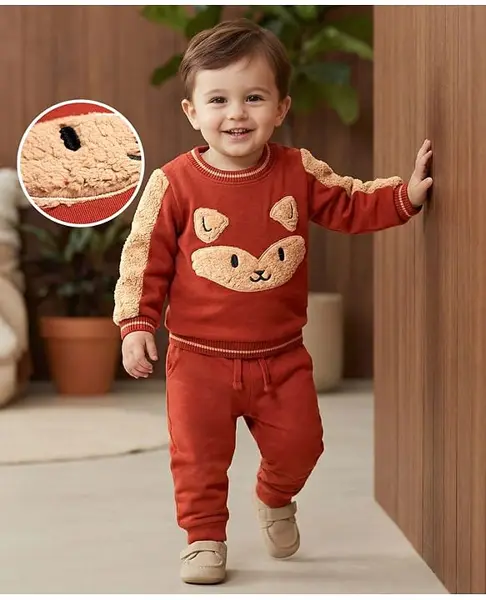 Babyoye 100% Cotton Knit Full Sleeves Sweatshirt & Lounge Pant Set With Fox & Embroidery - Brown