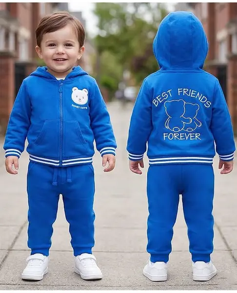 Babyoye 100% Cotton Knit Full Sleeves Hooded Winter Wear Suit with Front & Back Bear Embroidery -Blue