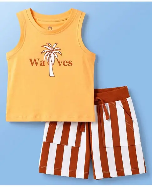 Doodle Poodle 100% Cotton Knit Sleeveless T-Shirt & Shorts Set with Tree Print - White & Orange