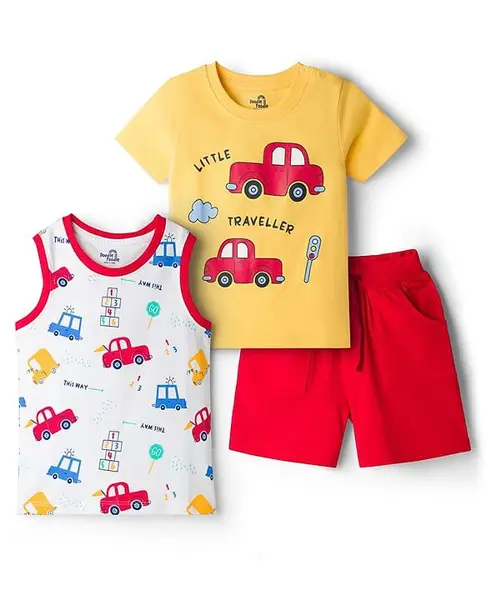 Doodle Poodle 100% Cotton Single Jersey Knit Half Sleeves T-Shirt & Shorts Set with Tee Car Print - Yellow White & Red