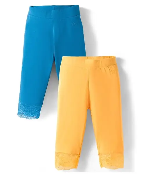 Honeyhap Premium Cotton Elastane Knit Three Forth Length Solid Leggings With Bio Finish Pack of 2 - Powder Blue & Pumeria