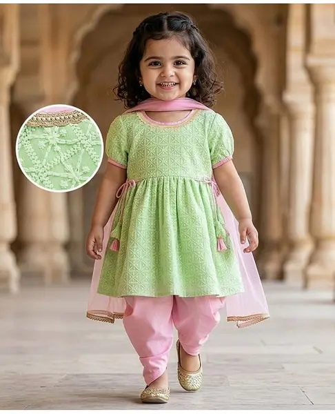 EARTHY TOUCH Schiffli Woven Half Sleeves Kurta Patiala Set With Embroidery & Dupatta - Light Green