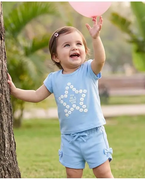 Babyoye Single Jersey Knit Half Sleeves T-Shirt & Shorts With Floral Print - Sky Blue