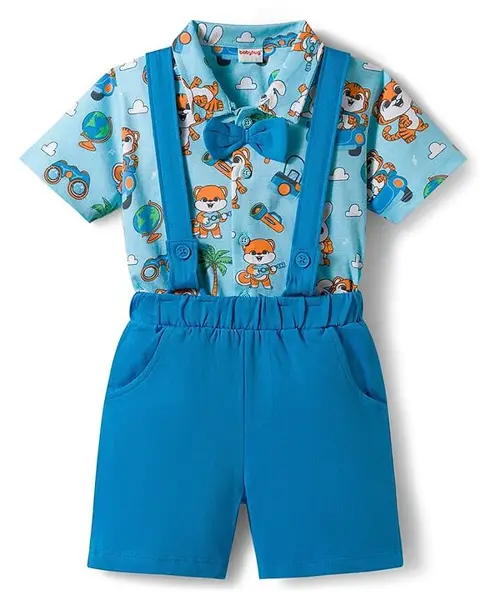 Babyhug Single Jersey Knit Half Sleeves Shirt & Shorts Set With Tiger Print & Bow Applique - Multicolor