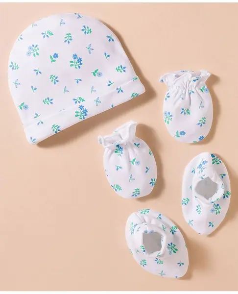 Babyhug 100% Cotton Interlock Knit Cap Mittens & Booties Set With Floral Print White - Diameter 17 cm