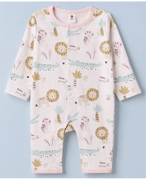 ToffyHouse Single Jersey Knit Full Sleeves Sleep Suit Lion Print - Off White