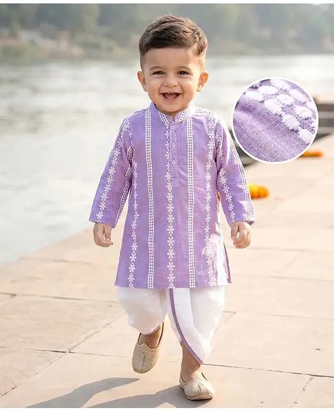Babyhug Woven Full Sleeves Kurta Dhoti Set with Schiffli Detailing - Lavender