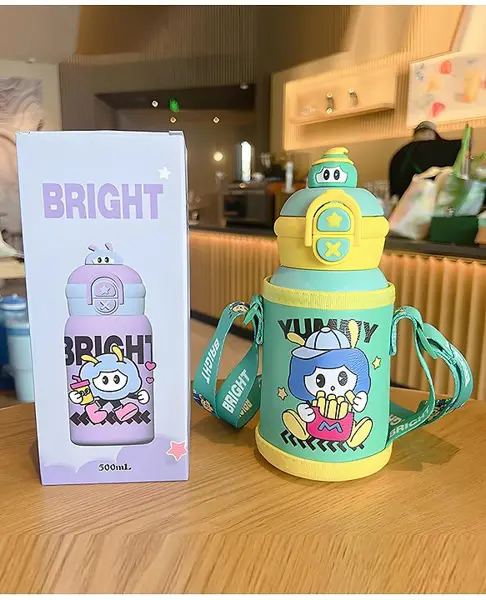 SCHOOLISH Cute Cartoon Childrens 500ml Stainless Steel Vacuum Insulated Mug with Straw Strap  Portable Outdoor Student Water Bottle PP+ 316 sus Pack of 1 - Green