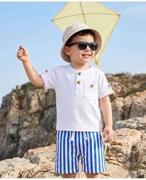 Babyoye 100% Cotton Yarn Dyed Waffle Knit Half Sleeves Solid Colour T-Shirts & Striped Shorts White & Blue