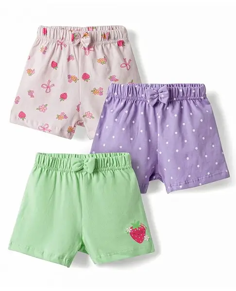 Babyhug Single Jersey Knit Mid Thigh Printed Shorts with Bow Applique Pack of 3 - Multicolor