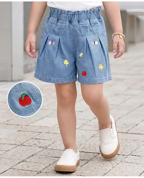 Mark & Mia Cotton Lycra Denim Shorts with Floral Embroidery - Blue