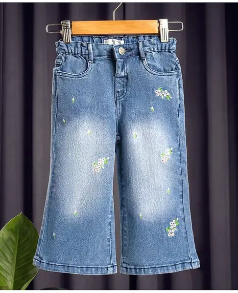 Mark & Mia Cotton Lycra Full Length Denim Jeans with Floral Embroidery Detailing- Blue