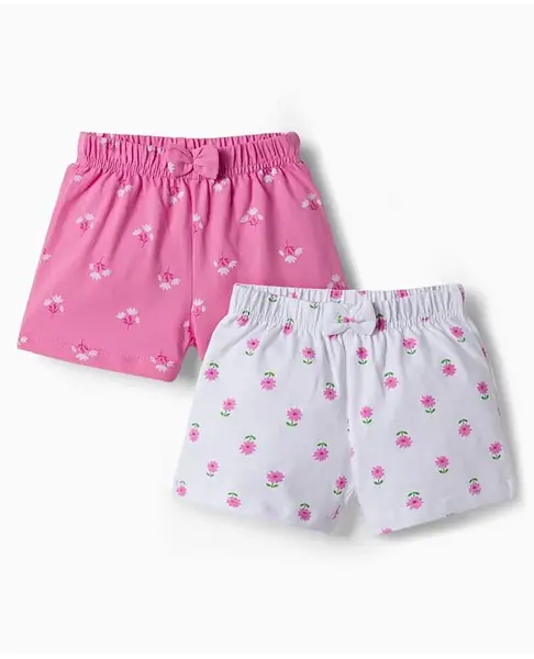 Babyhug Cotton Knit Mid Thigh Floral Printed Shorts With Bpw Applique Pack of 2 -Multicolour