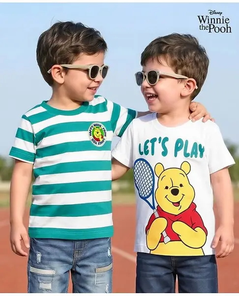 Babyhug Disney Single Jersey Knit Half Sleeves Striped T-Shirts with Winnie the Pooh Graphic Pack of 2 - Multicolor