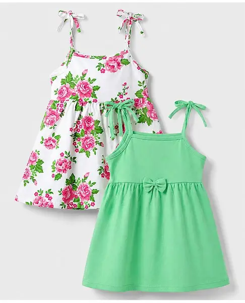 Babyhug 100% Cotton Knit Sleeveless Floral Printed Frocks With Bow Applique Pack Of 2 - Multicolor