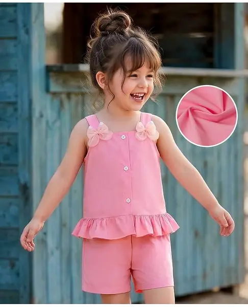 Mark & Mia Cotton Sleeveless Solid Top & Shorts Set With Bow Applique - Pink