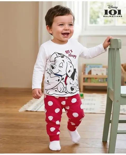 Babyoye Disney Single Jersey Knit Full Sleeves 101 Dalmatians Printed T-Shirt & Pyjama Night Suit Set - White & Red