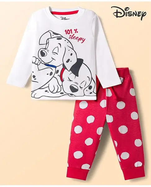 Babyoye Disney Single Jersey Knit Full Sleeves 101 Dalmatians Printed T-Shirt & Pyjama Night Suit Set - White & Red