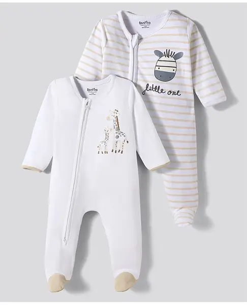 Bonfino 100% Cotton Knit Full Sleeve Striped & Animal Printed Front Open 2 Way Zipper Footed Sleepsuits Pack of 2- White